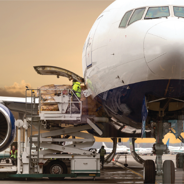 Air Freight - An illustration of a train on rail track carrying Senter cargo containers.